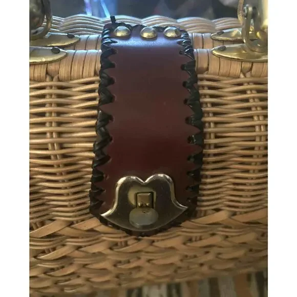 Vintage Wicker Box Handbag Leather Handle Brass Latch 1950s Palm Beach Style EUC - Picture 5 of 9